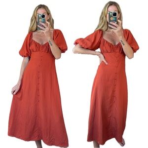 Madison The Label Burnt Orange Rust Linen Puff Short Sleeve Button Midi Dress